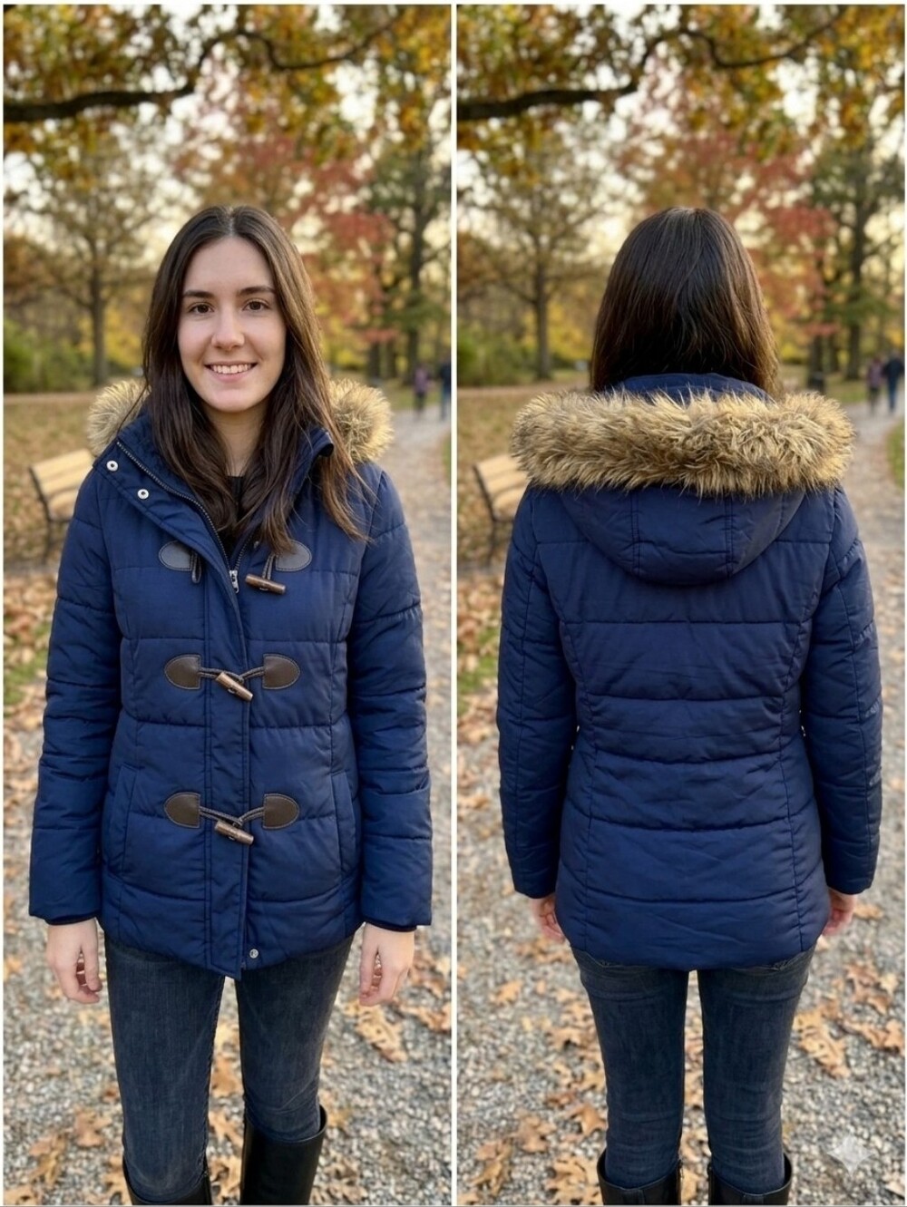 Aeropostale Navy Blue Toggle Puffer Winter Jacket Coat with Faux Fur Trim Hood